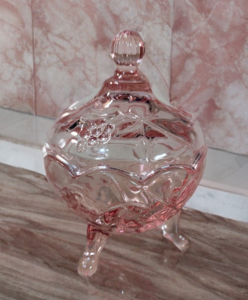 Vintage Pink Art Glass Candy Dish with Crystal Lid on Footed Base  