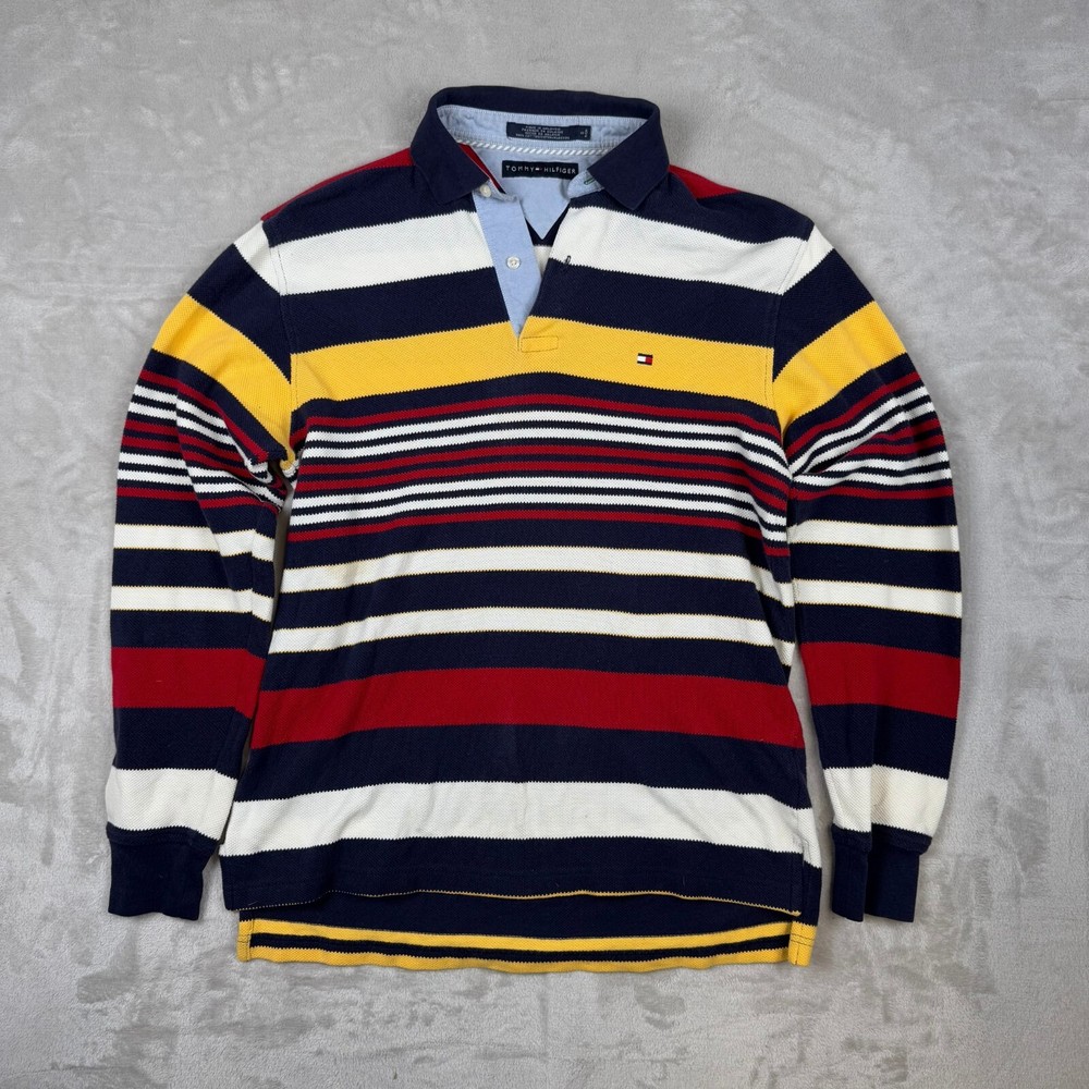 90s Tommy Hilfiger Polo Shirt Men's S Multicolor Striped Long Sleeve 100% Cotton