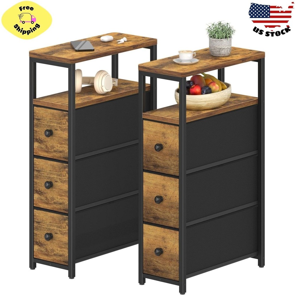 Slim Nightstand Set of 2 with Drawers for Small Spaces