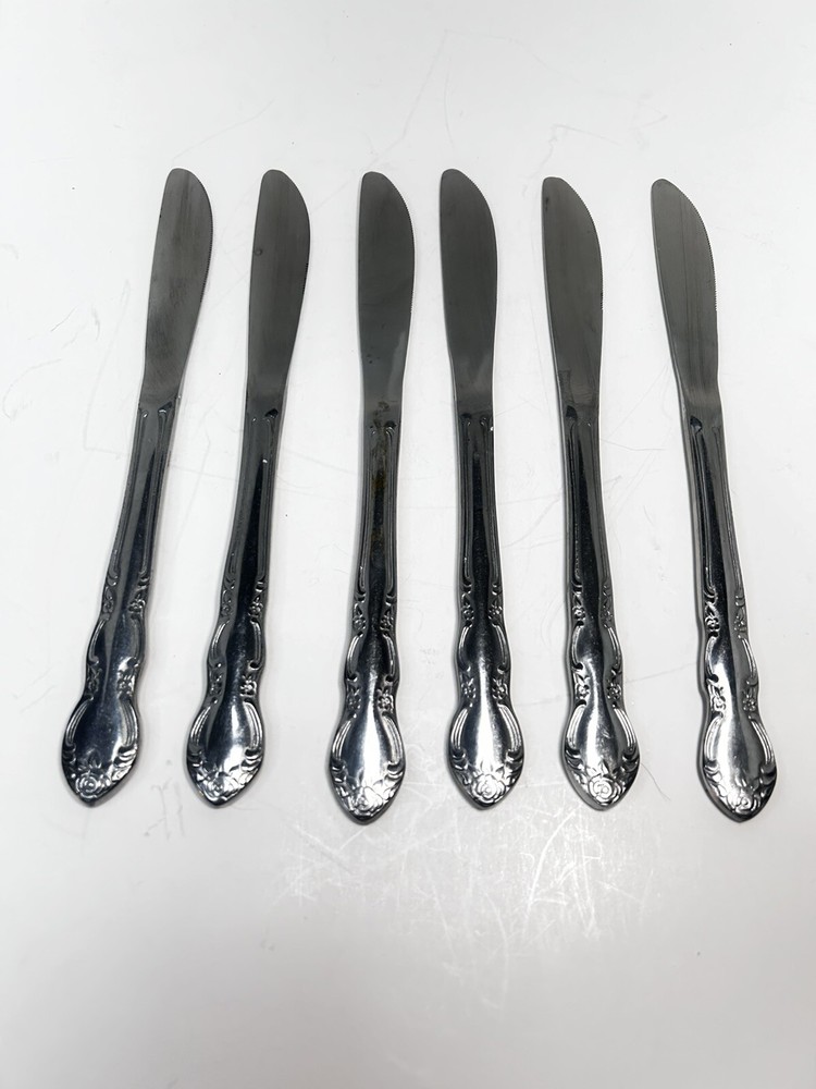 Set of 6 Stainless Steel Floral Pattern Dinner Knives by Rosses