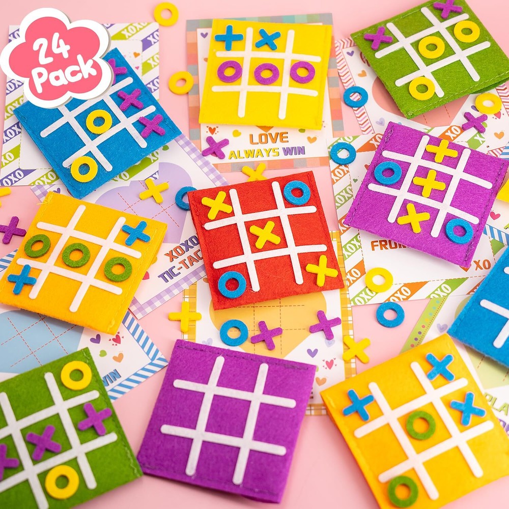 Valentines Day Cards for Kids - 24 Pack with Tic-Tac-Toe Game and Stickers