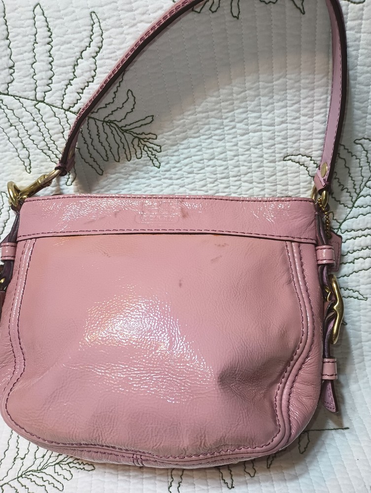 COACH Pink Patent Leather Zoe Hobo Bag with Top Handle and Pebbled Details