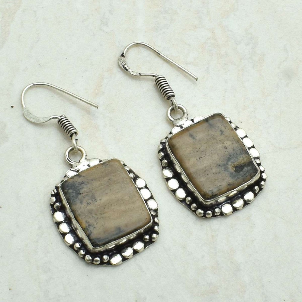 Honey Dendrite Opal Gemstone Handmade Drop Dangle Earrings Jewelry 1.6