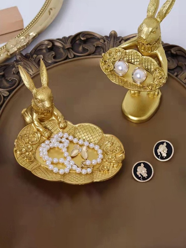 Rabbit Resin Jewelry Tray Organizer Small Gold Multicolor Necklace Dish Art Gift