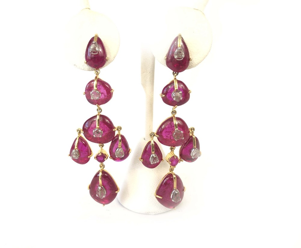 Ruby rose-cut diamond dangle earrings in silver with kundan detailing