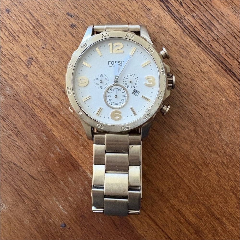 Fossil Gold Chronograph Wristwatch Analog Date Metal Band White Dial 100m Dress