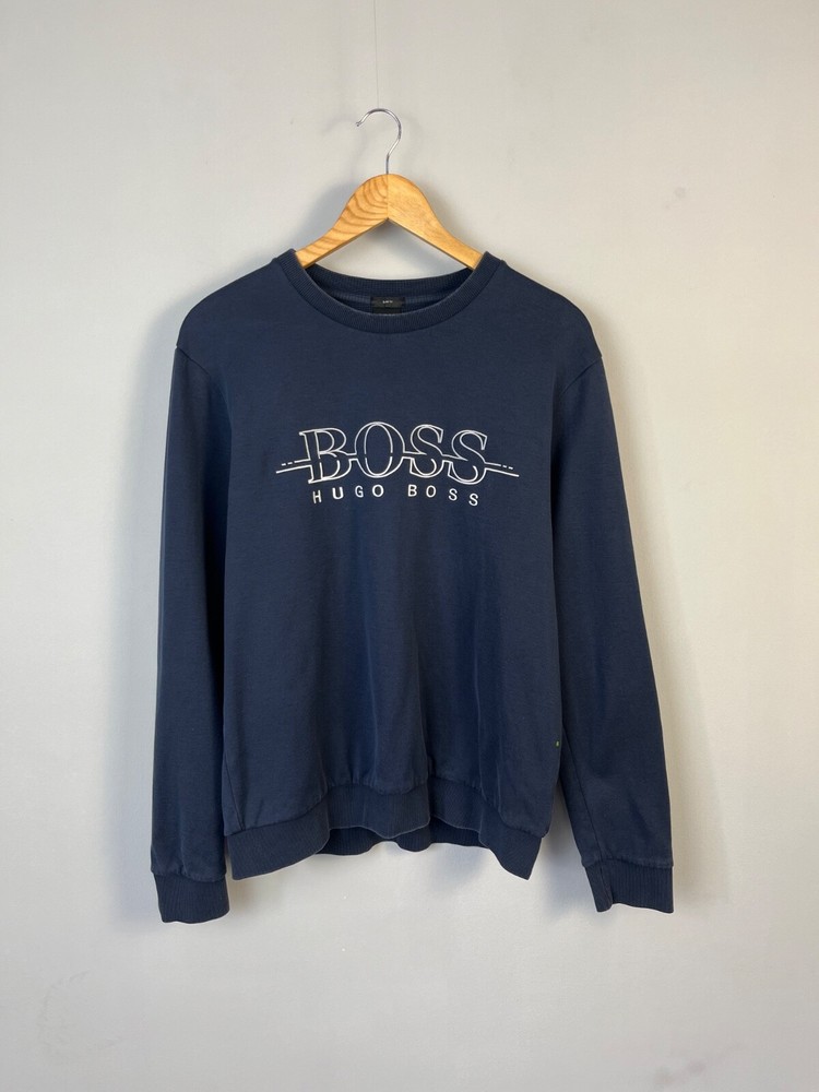 Boss Hugo Boss Men Navy Blue Big Logo Cotton Sweatshirt Slim Fit Size L