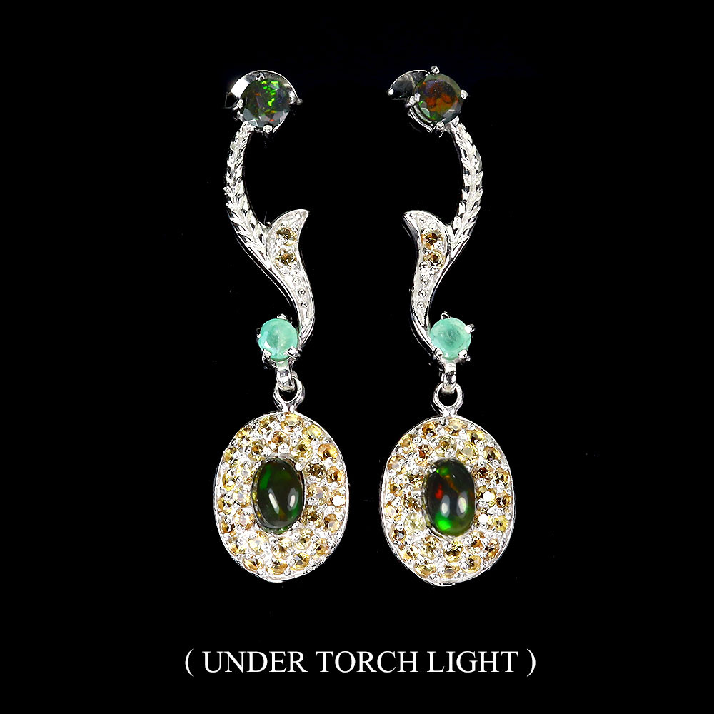 Valentine 925 Silver Earrings Oval Black Opal Emerald Sapphire Gemstone Jewelry