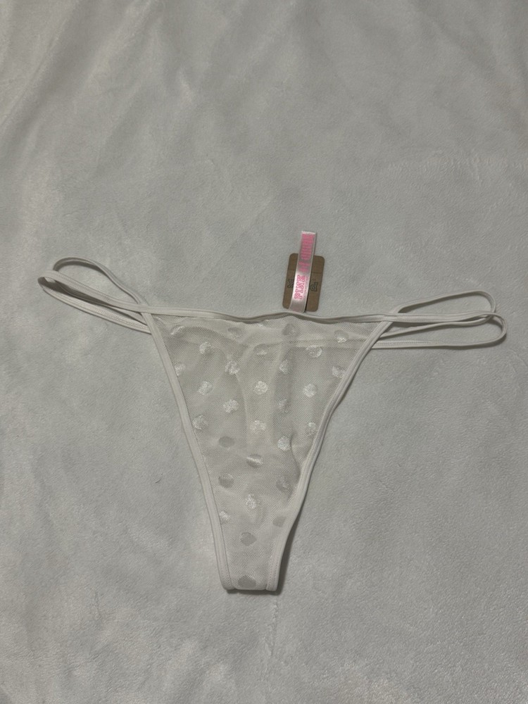 NWT Victoria's Secret PINK White Mesh Heart V-String Panty Strappy Thong XL