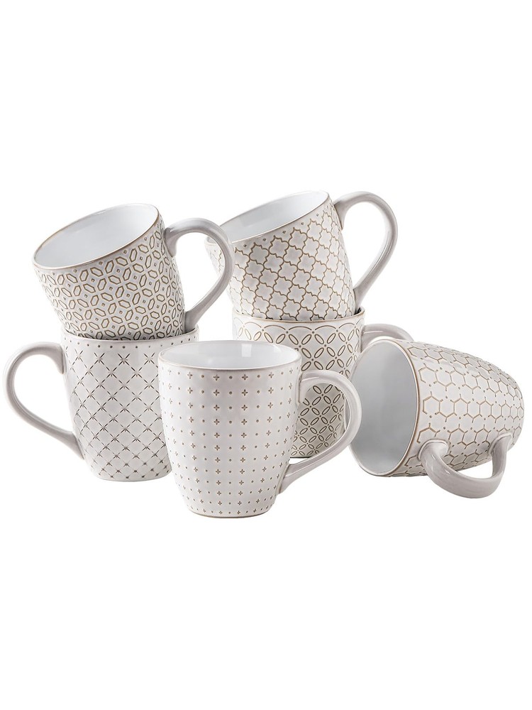 6-Pack 19oz Large Ceramic Coffee Mugs with Embossed Stoneware Design