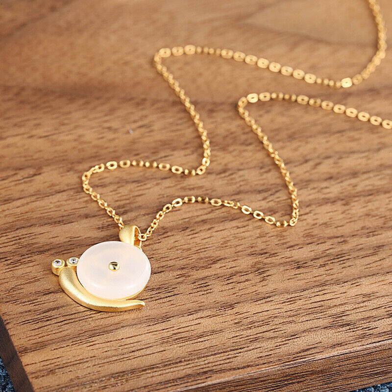 Jade Snail Pendant Jewelry Natural Vintage Amulet Necklace Choker 925 Silver