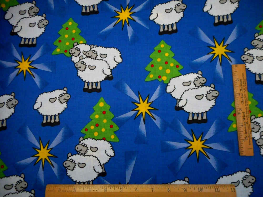 Quilt Fabric By The Yard Lamb Star Christmas Tree on Dk Blue Cotton Vtg BH 1