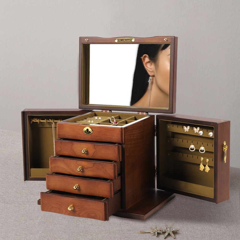 Wooden 5-Layer Large 4 Drawers Jewelry Box For Wowen with Mirror Organizer Box