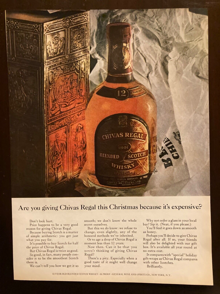 1954 Chivas Regal vintage whiskey holiday gift bottle from Time Magazine ad