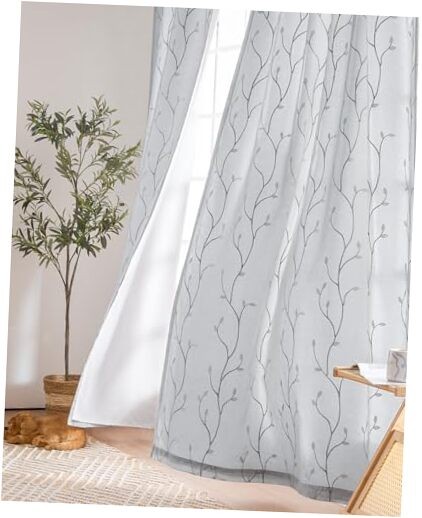 Boho Floral Embroidered Sheer Curtains 63 Inch for Bedroom
