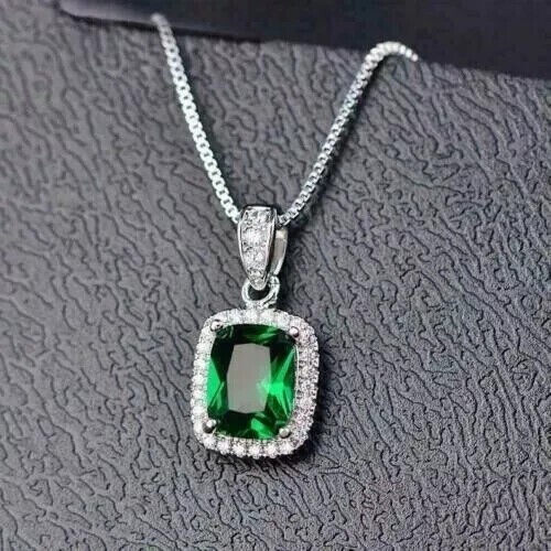 Stunning 14K White White Gold Plated Simulated Emerald Pendant for Women