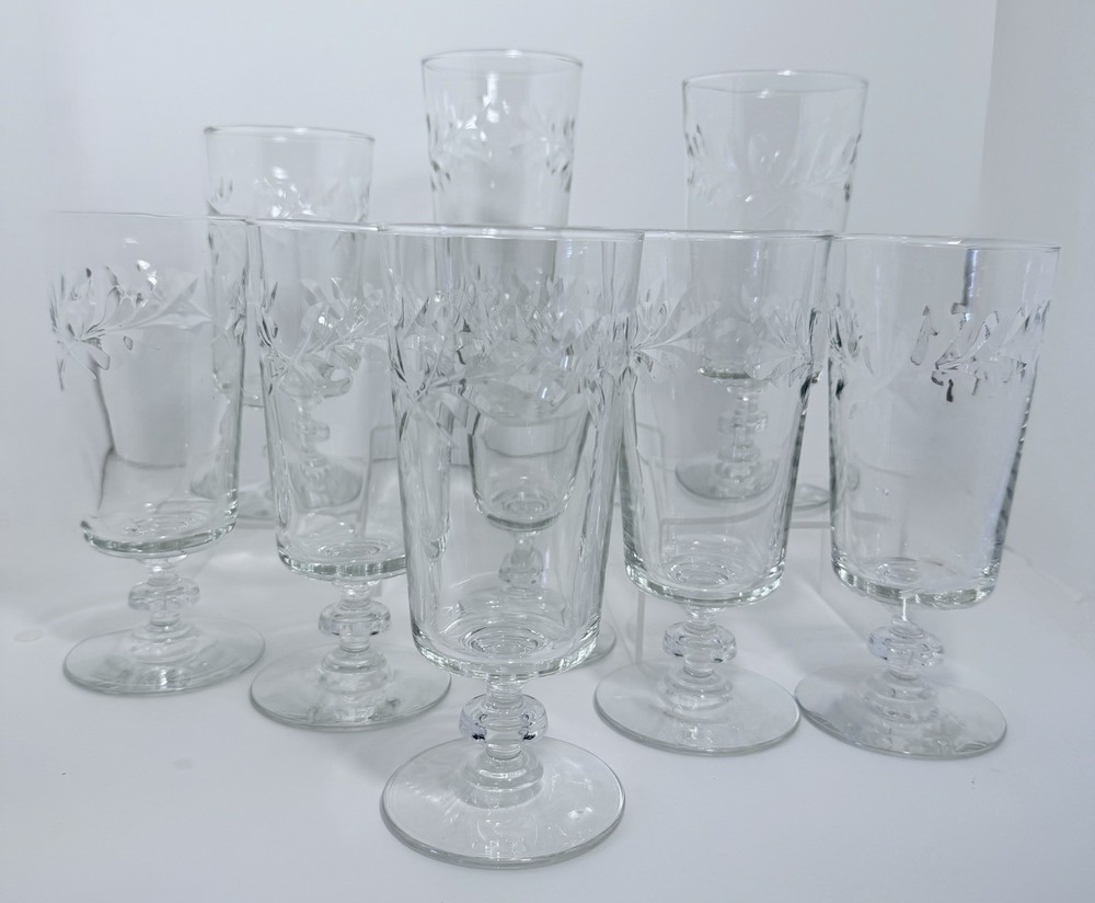 Set of 10 Libbey Rock Sharpe Cut Blossom Etched Iced Tea Goblets Glasses