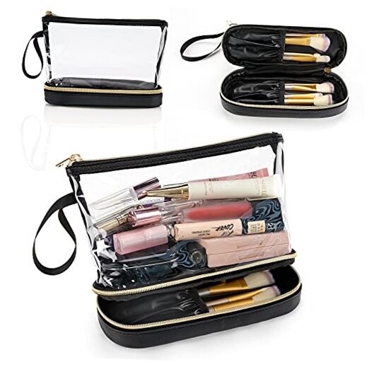 Travel Makeup Bag Clear Cosmetic Organizer Small Leather Black 11-inch