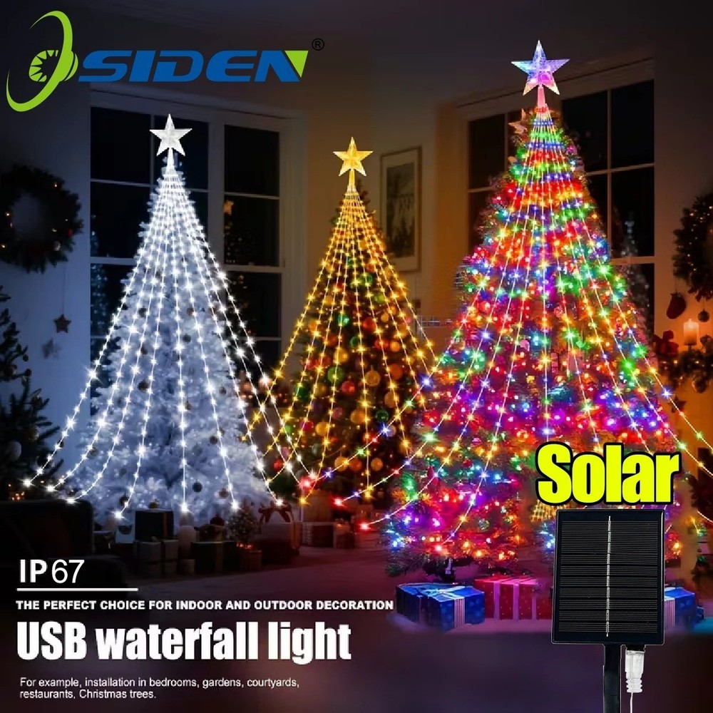 200 LED SOLAR/USB Christmas Tree  Waterfall Lights Color Changing Indoor Outdoor