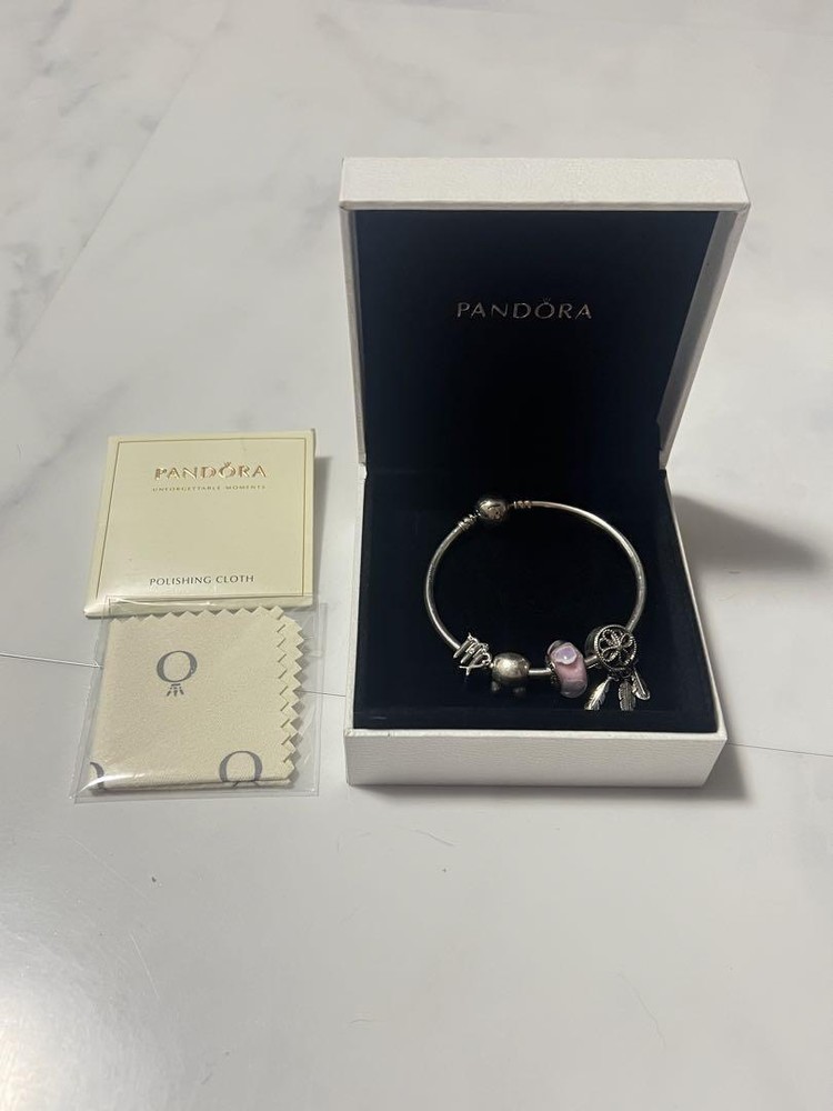PANDORA Bracelet with Virgo Dreamcatcher Cat Pink Heart Murano Glass Charms