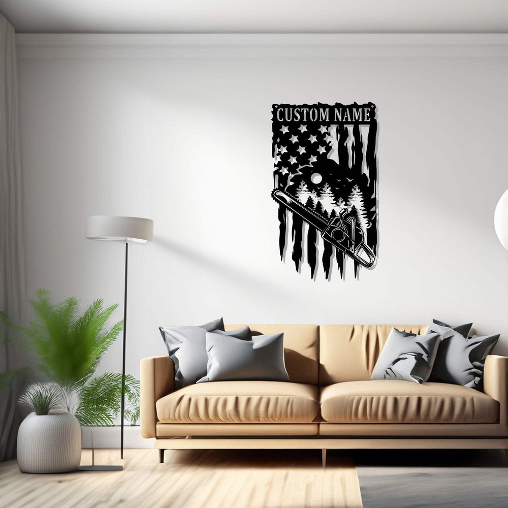 Custom US Chainsaw Wood Metal Wall Art, Personalized Woodworker Name Sign Decora