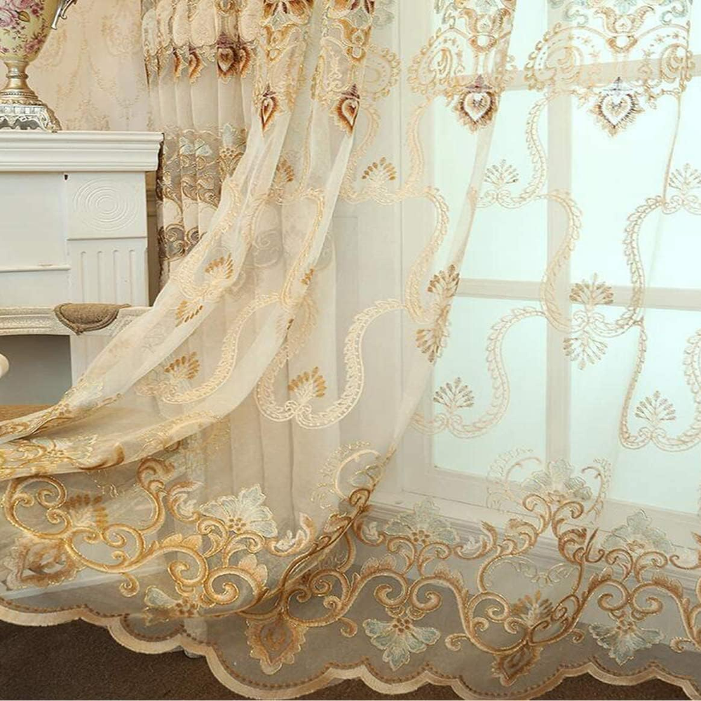 European Luxury Sheer Curtains 84 Inches Long for Bedroom Floral Embroidered