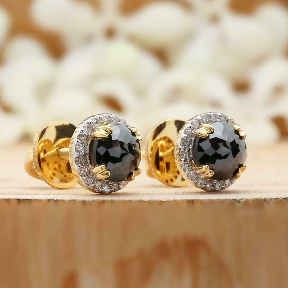 2Ct Simulated Black Onyx Halo Stud Earrings in 14K Gold Plated