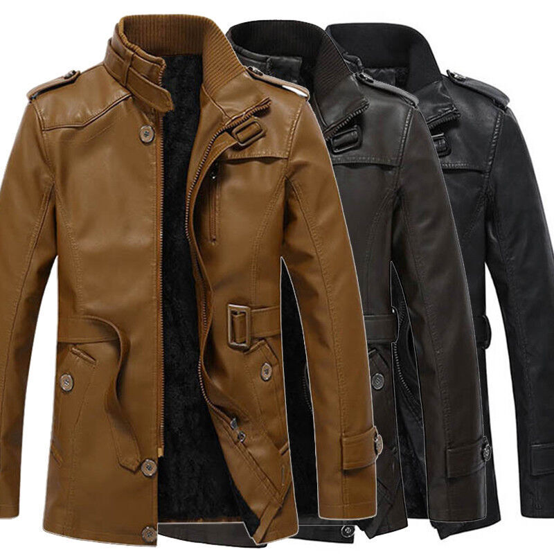 Mens Winter Warm Fur Fleece PU Leather Jacket Trench Coat Parka Outwear Overcoat
