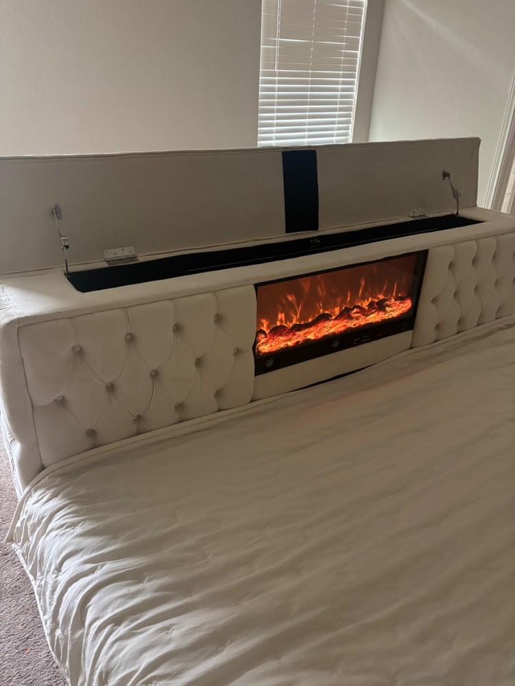 King size beige colored Bed w/LED, Fireplace & TV Stand with Bluetooth