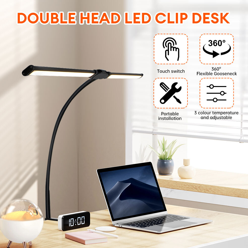 LED Desk Lamp Double Head Adjustable Lamp w/ Clamp Eye-Caring Reading Desk Light