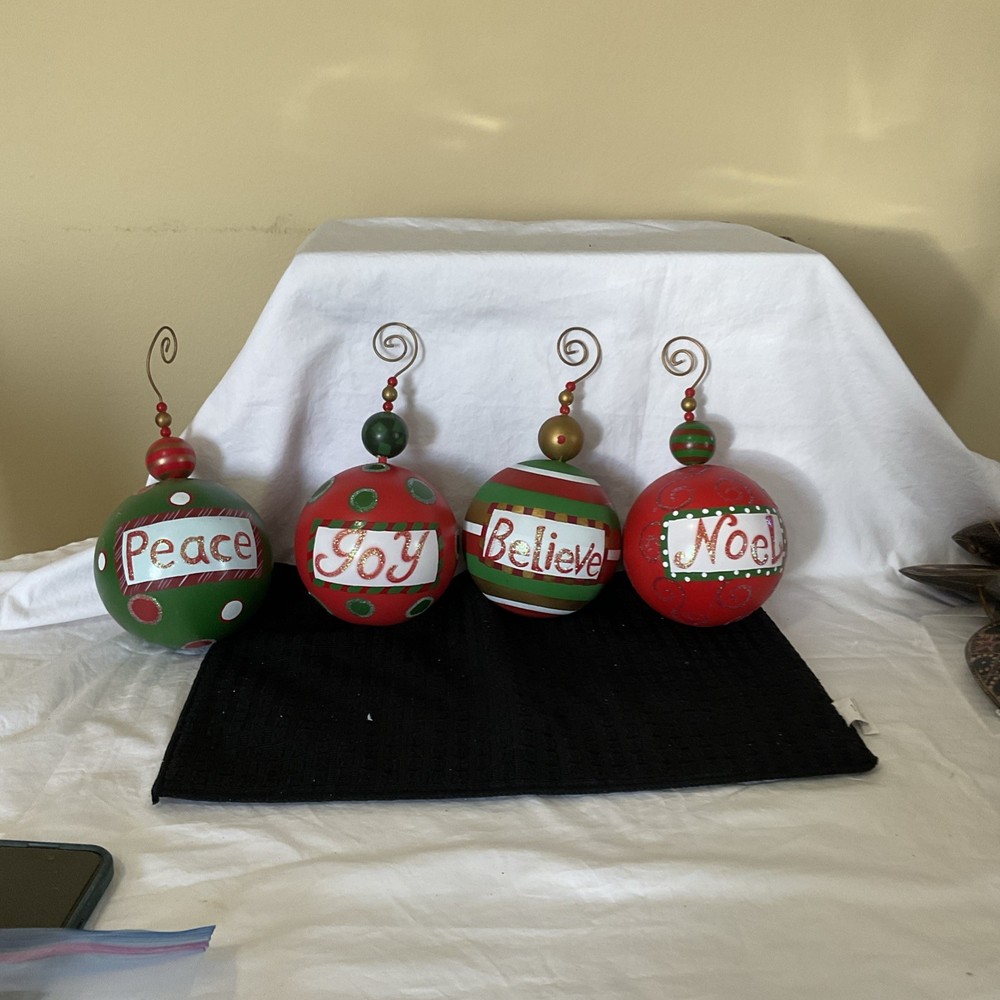 4 Large Vintage Christmas Ornaments Hand painted Joy Noel Peace Believe