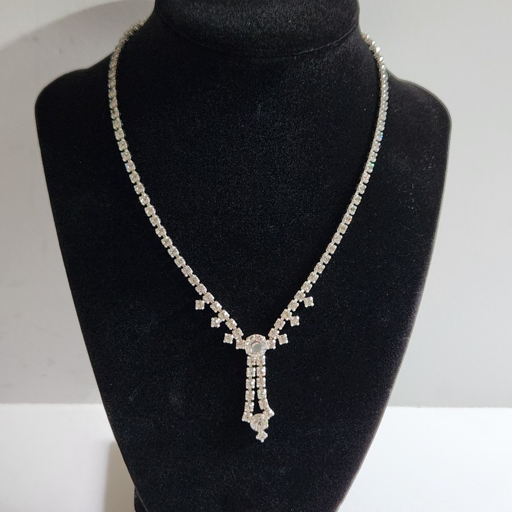 Clear Drop Rhinestone Necklace Silver Tone 15 Inch Small Dainty Classic Bridal