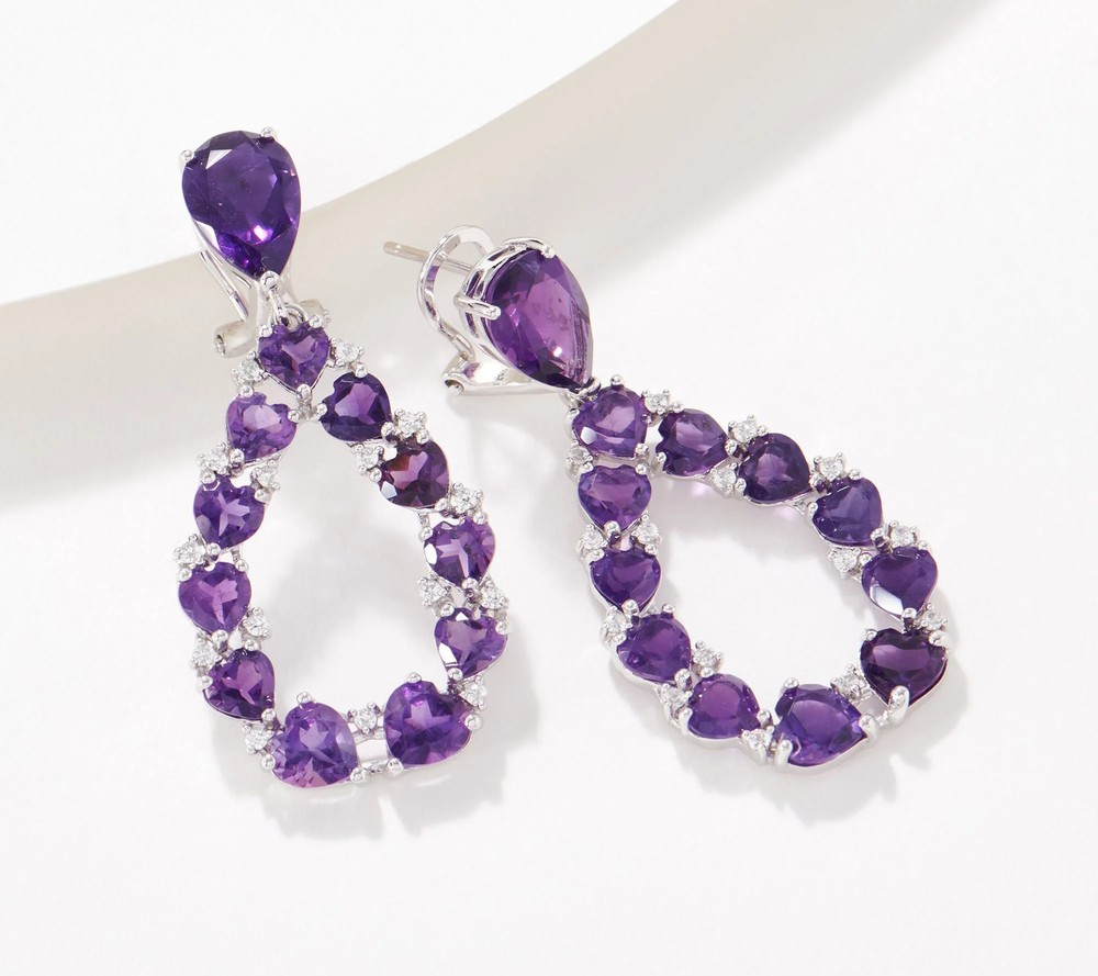 Affinity Gems Sterling Silver Heart-Cut Amethyst Pear Drop Earrings, 1-3/4