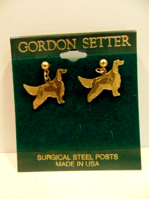 old stock gold color earrings with dog / canine theme; Gordon Setter