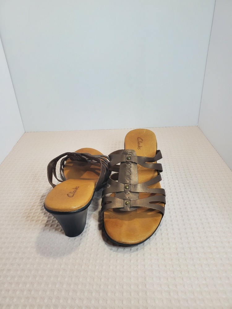 CLARKS Brown Bronze Leather Slip On Slides Sandals Shoes Women's Size 8.5
