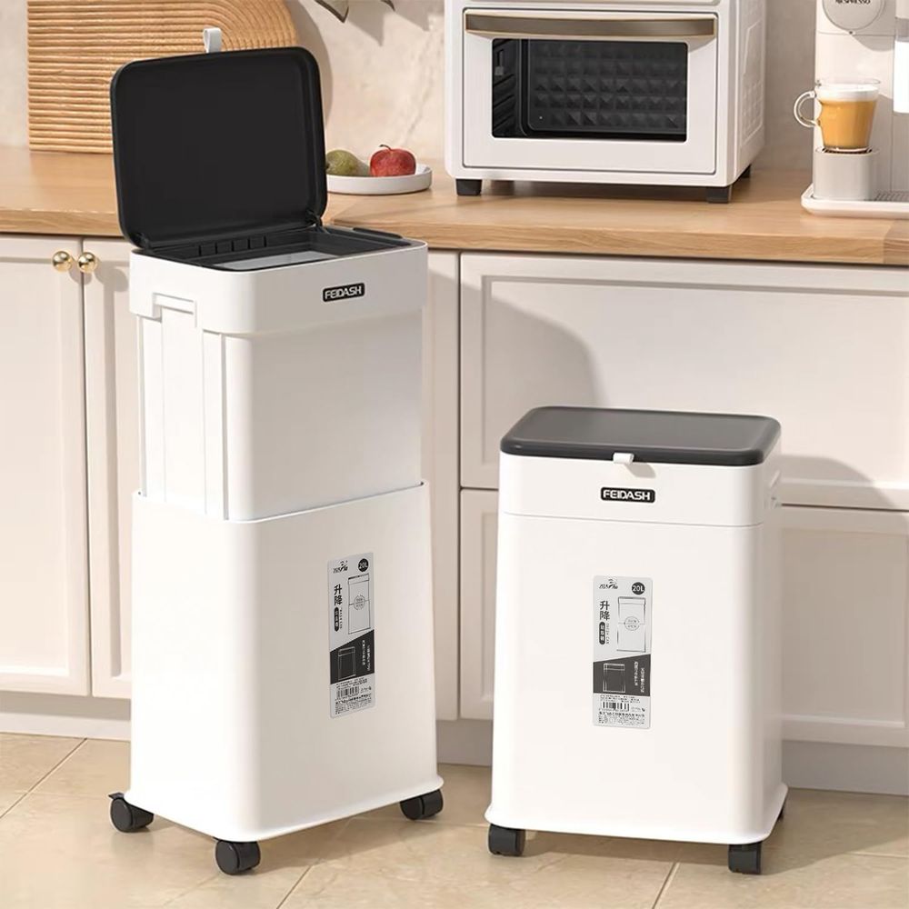 Adjustable Height 20L Rolling Trash Can with Lid for Home & Office - White