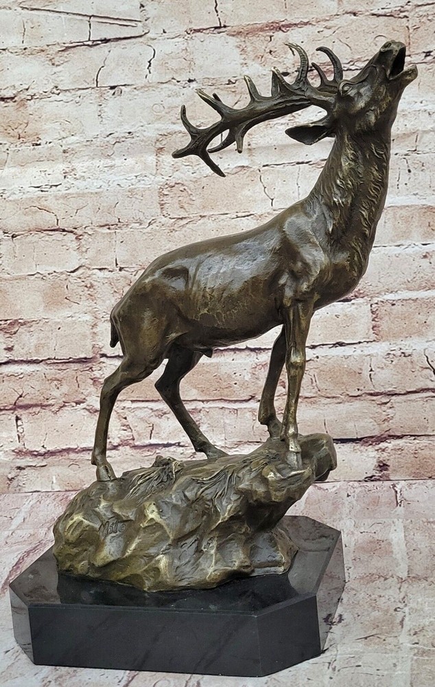 Elk Stag Buck Hunter Bronze Marble Statue for Mountain Lodge Cabin Décor