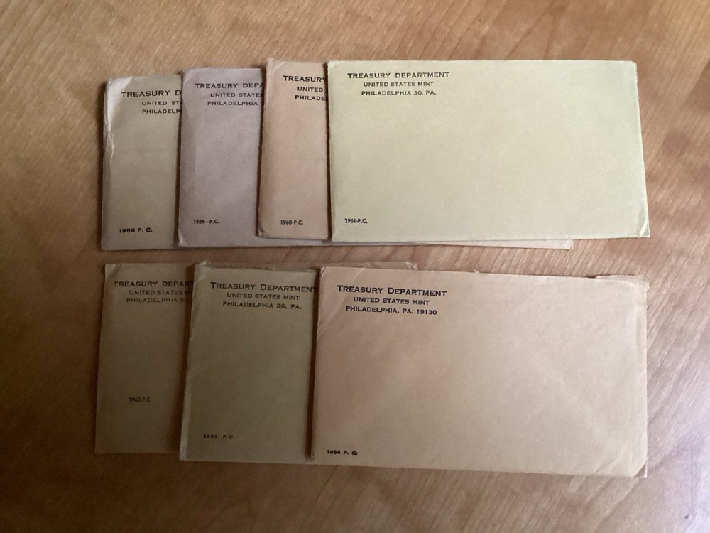 7 Empty US Proof Set Envelopes with Boards & COA - No Coins, Various Years