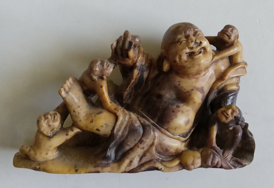 Laughing Buddha With Kids Hand Carved Soapstone Figurine