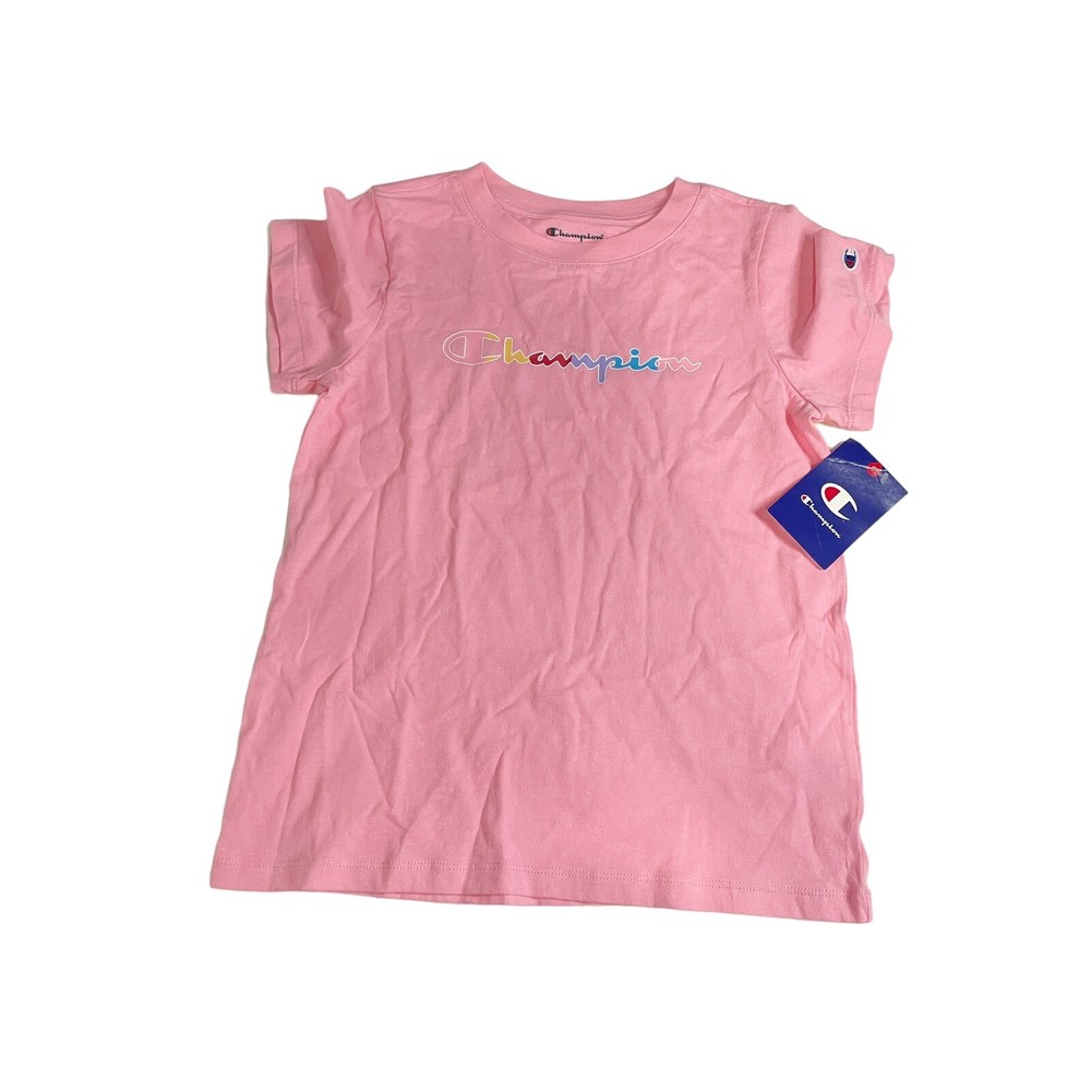Champion Girls Rainbow Script Logo Classic Tee Spark Pink Size 14 New