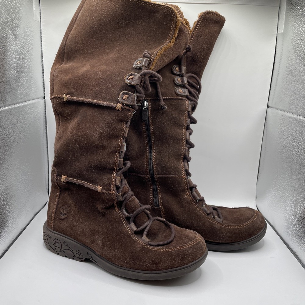 Timberland Youth Girls Brown Suede Knee High Boots Size 2 Lace Up Side Zip