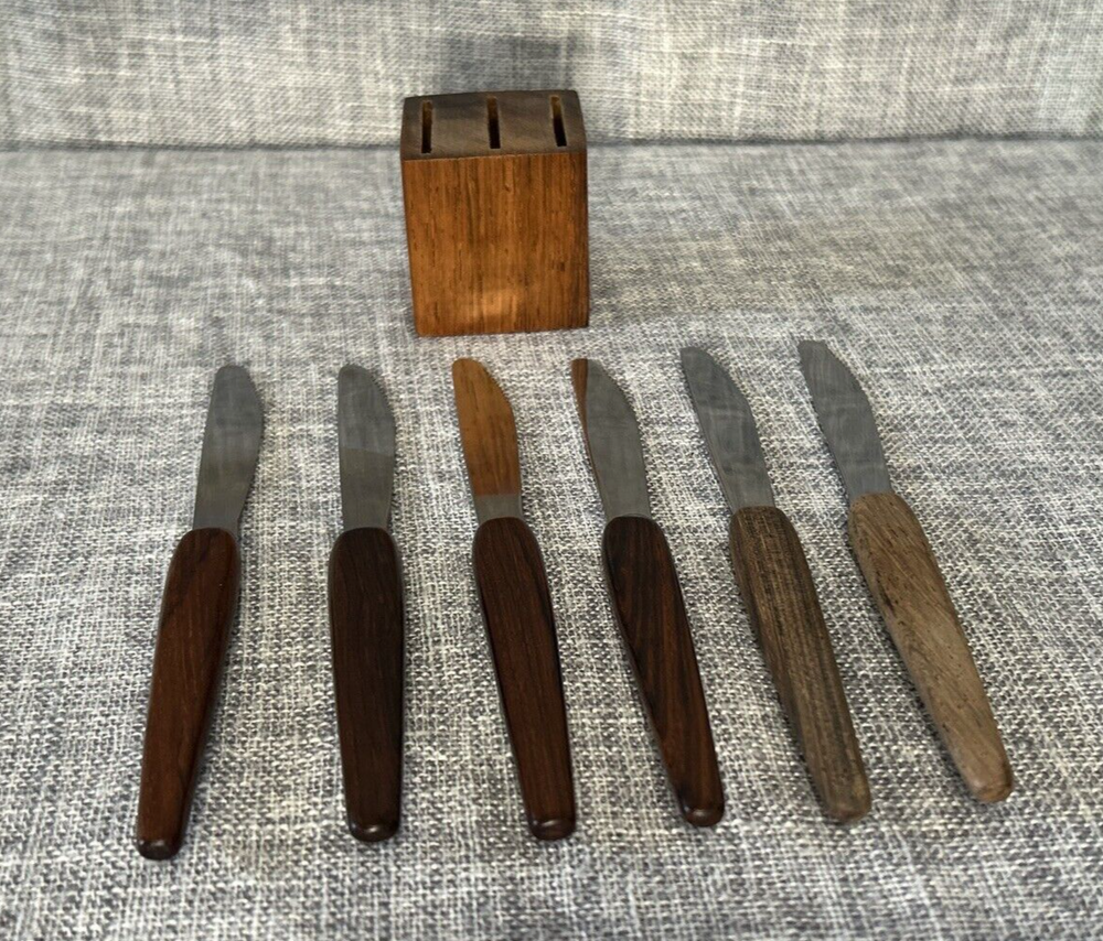 6 Vintage Stainless Steel Solingen Rostfrei Knives with Wood Handles & Block