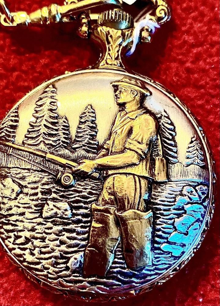 Fathers Day Gift Vintage Majestron Mens Fishermen Pocket Watch Gold Silver-image