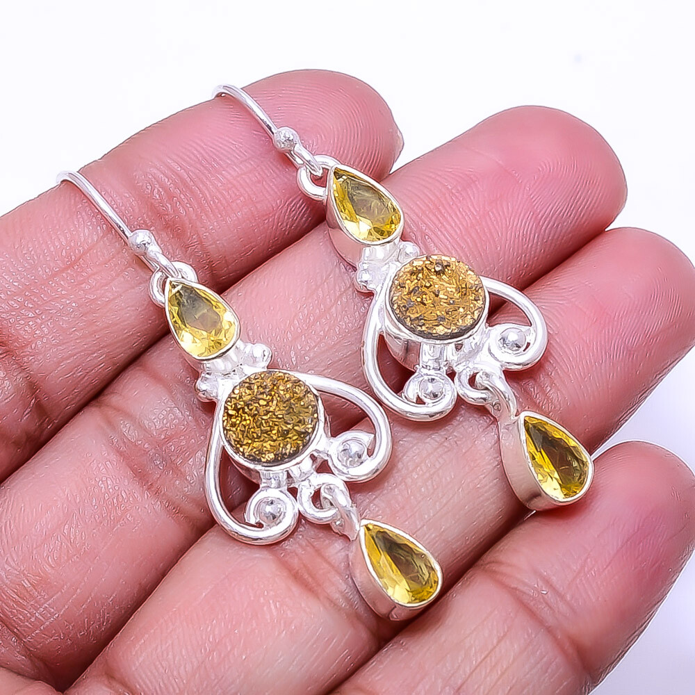 Golden Titanium Agate Drusy Multi Collet 925 Sterling Silver Earring 1.95