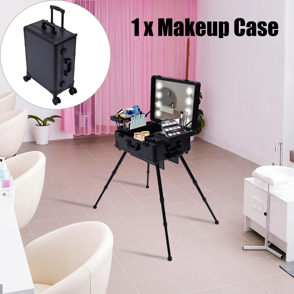 Rolling Makeup Train Case Cosmetic Trolley Organizer Travel w/LED Light & Mirror