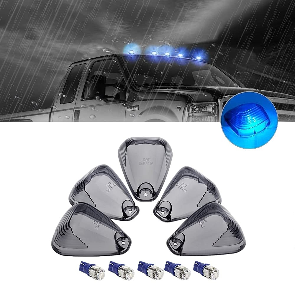 5pc Smoked Cab Marker Light Covers for 1999-2016 Ford F150 with Blue LED