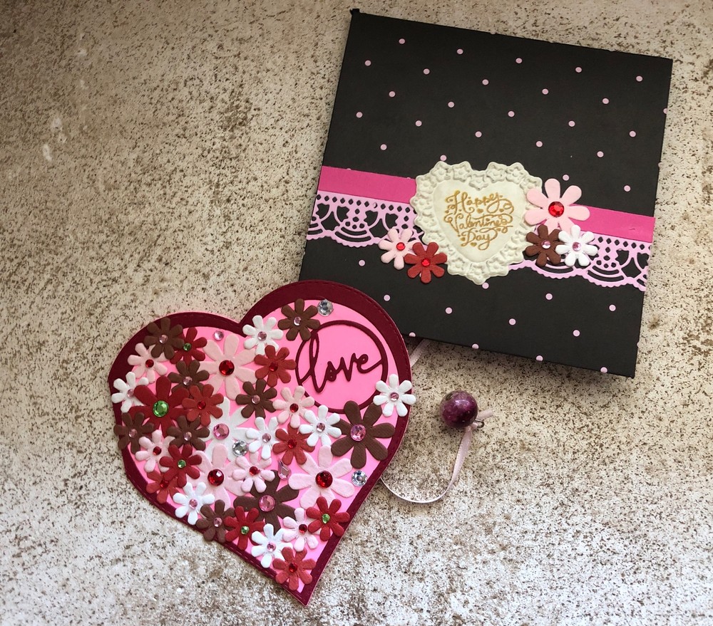Handmade Valentine’s Day Card & Envelope Heart Flowers Rhinestones Embossed OOAK