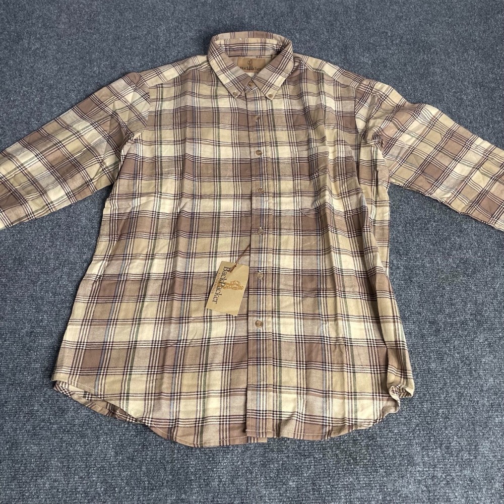 Backpacker Shirt L Large Men's Casual Dress Button Up Flannel Brown Plaid Adult