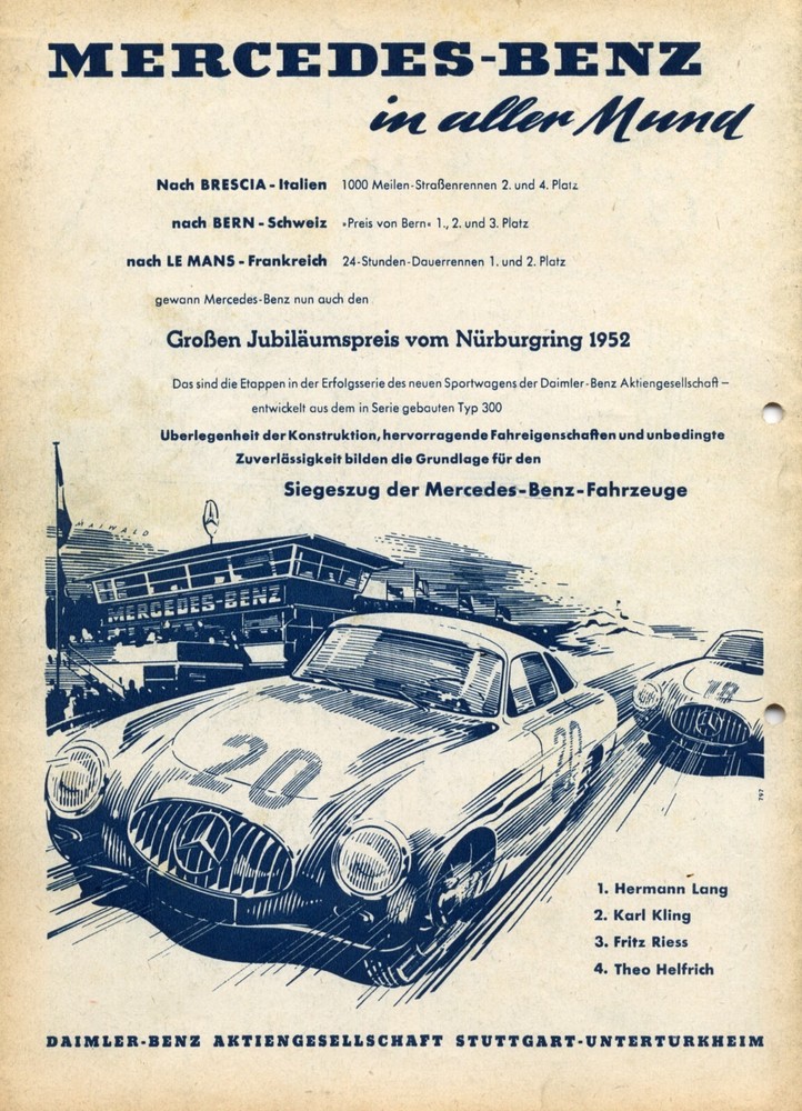 Mercedes Benz Type 300 German 1952 ad car race Nurburgring Le Mans advertising