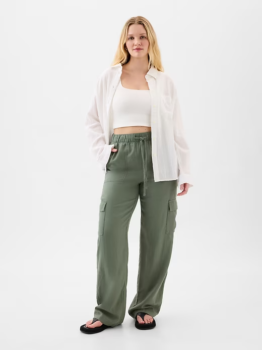 GAP Mid Rise Linen Blend Pull-On Cargo Pants Green NWT Medium Wide Leg